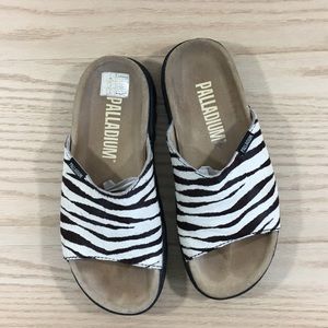 Palladium zebra calf hair slip on sandals